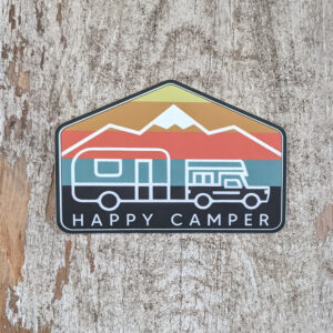 Happy Camper Sticker with a mountain, camper and truck
