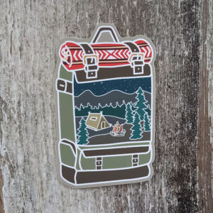 Backpack sticker with camping scene on the side
