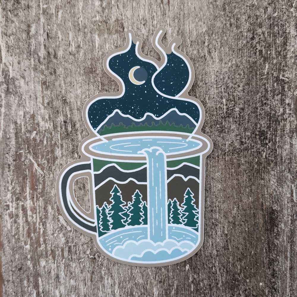Sticker of a tin cup filled with a forest scene